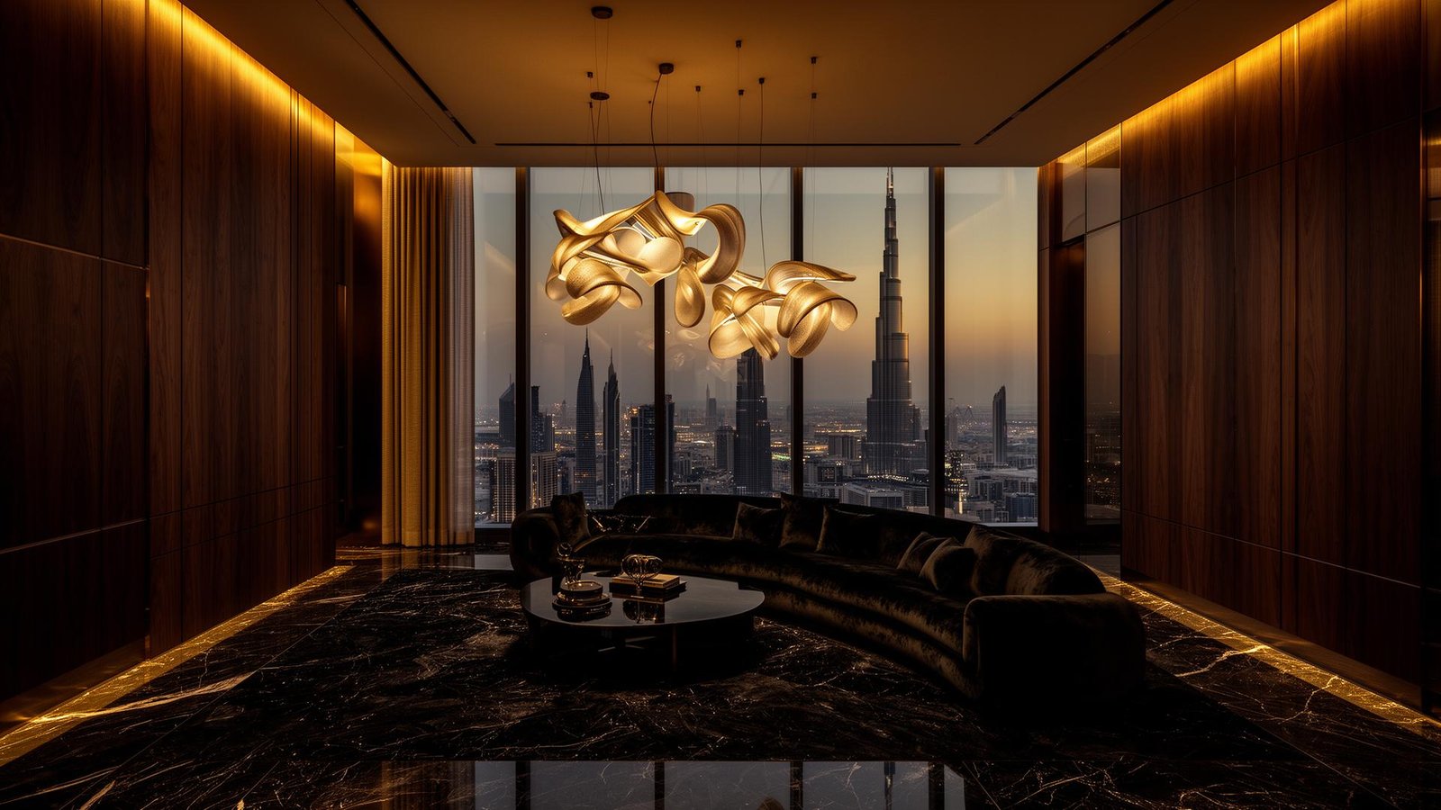 Luxury Dubai penthouse interior at dusk